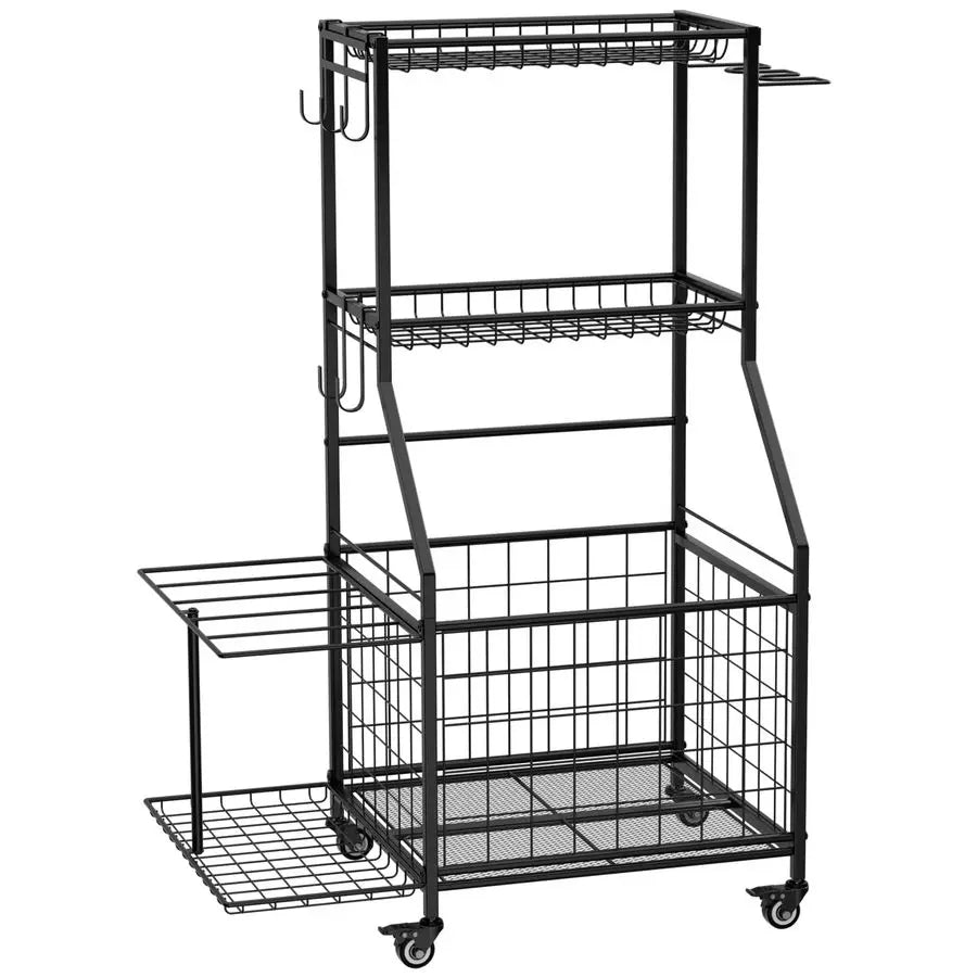 Sports Equipment Organizer, Garage Ball Storage Rack with Basket amp Hooks, Heavy Duty Rolling Ball Carts with Wheels for Toy Sp