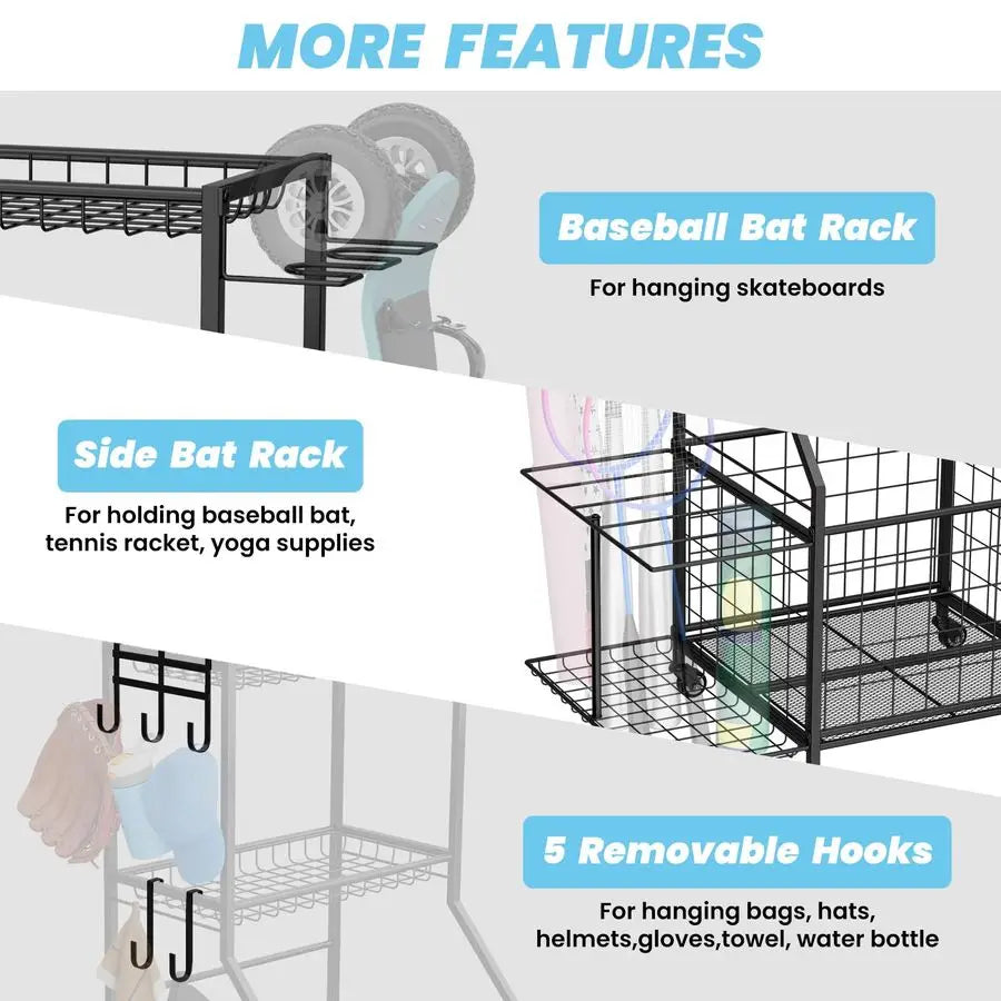 Sports Equipment Organizer, Garage Ball Storage Rack with Basket amp Hooks, Heavy Duty Rolling Ball Carts with Wheels for Toy Sp
