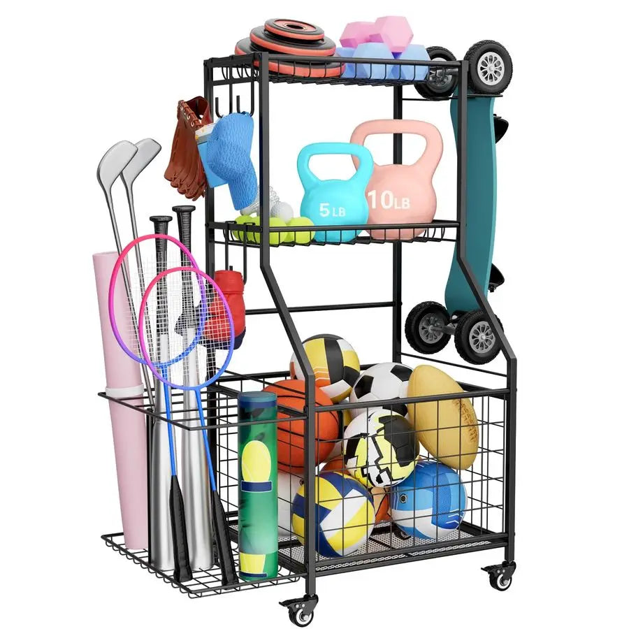Sports Equipment Organizer, Garage Ball Storage Rack with Basket amp Hooks, Heavy Duty Rolling Ball Carts with Wheels for Toy Sp