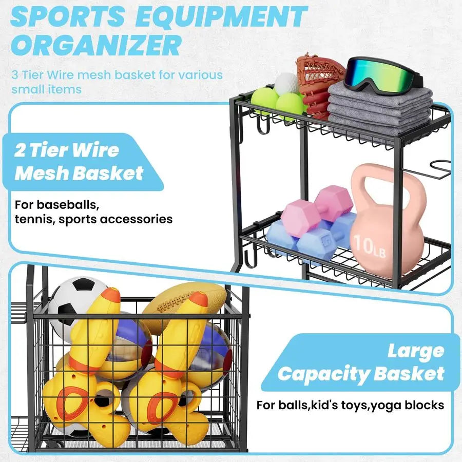 Sports Equipment Organizer, Garage Ball Storage Rack with Basket amp Hooks, Heavy Duty Rolling Ball Carts with Wheels for Toy Sp