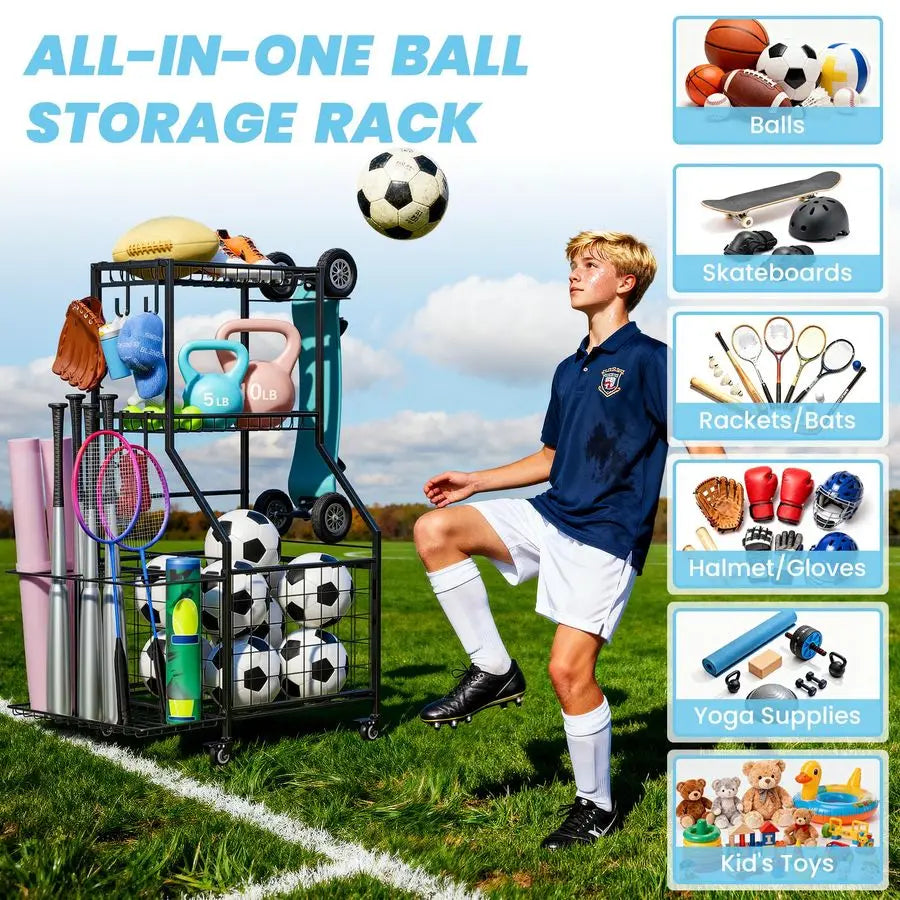 Sports Equipment Organizer, Garage Ball Storage Rack with Basket amp Hooks, Heavy Duty Rolling Ball Carts with Wheels for Toy Sp